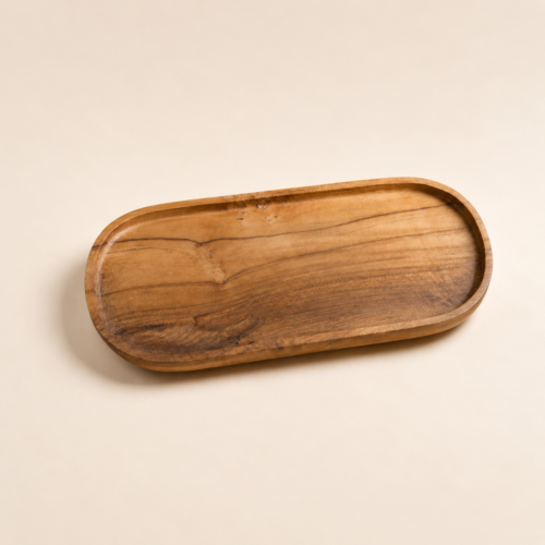 MOCCALO elongated wooden catch-all tray with rounded corners and a recessed surface