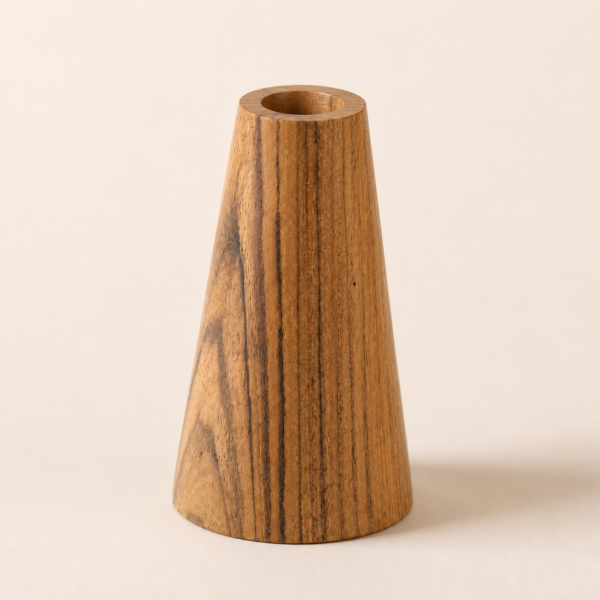 MOC-HO-CDH-02 MOCCALO tall wooden candle holder with a tapered body on a cream background