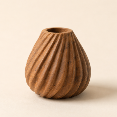MOC-HO-CDH-04 MOCCALO wooden candle holder with spiral grooves, a rounded body, and a circular opening on a cream background