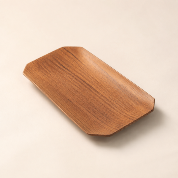 MOC-HP-AMT-02 MOCCALO wooden amenity tray with clipped corners, curved edges, and visible grain on a cream background