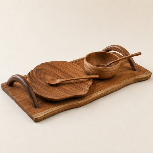 MOC-RT-RST-SET MOCCALO wooden coffee and tea ritual pieces arranged together on a cream background