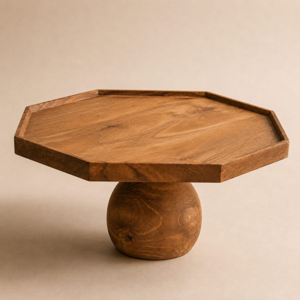 MOCCALO wooden cake stand with an octagonal platform and rounded pedestal base