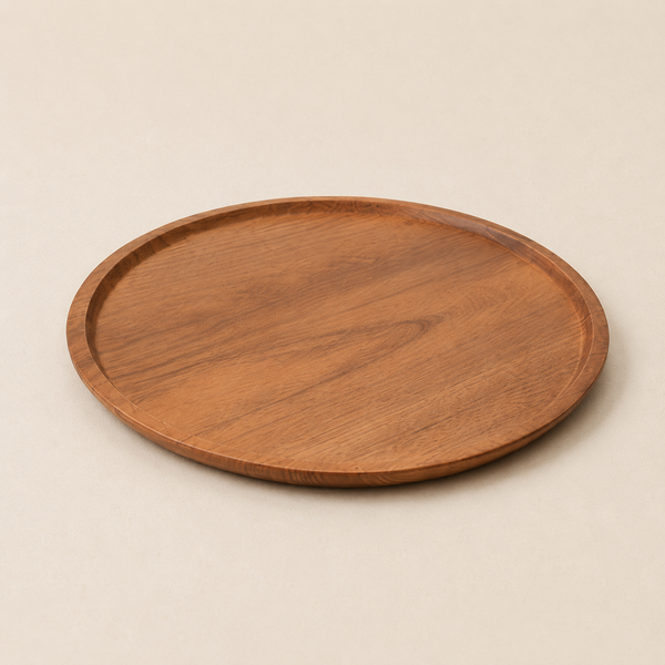 MOCCALO round wooden serving platter with a raised rim on a cream background