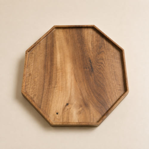 MOC-TS-PLT-04 MOCCALO octagonal wooden serving platter with a raised rim and visible grain